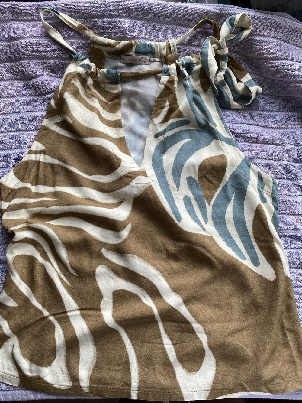 Formato Z Abstract Earth Tone Halter Top | Tie Neck Keyhole Blouse small